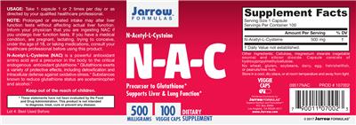 Photo of the Jarrow Formulas N-A-C 500 mg label