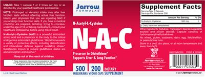 Photo of the Jarrow Formulas N-A-C 500 mg label
