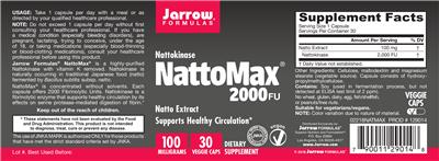 Photo of the Jarrow Formulas NattoMax 2000 FU 100 mg label