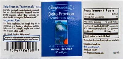 Photo of the Allergy Research Group Delta-Fraction Tocotrienols 125 mg label