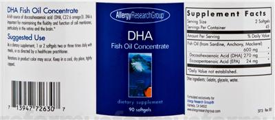Photo of the Allergy Research Group DHA Fish Oil Concentrate label