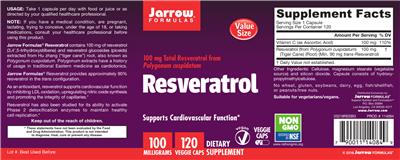 Photo of the Jarrow Formulas Resveratrol 100 mg label