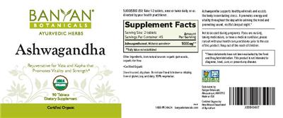 Photo of the Banyan Botanicals Ashwagandha Tablets label