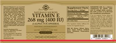 Photo of the Solgar Naturally Sourced Vitamin E 268 mg (400 IU) D-Alpha Tocopherol label