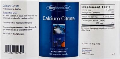 Photo of the Allergy Research Group Calcium Citrate label