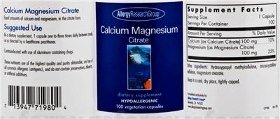 Photo of the Allergy Research Group Calcium Magnesium Citrate label