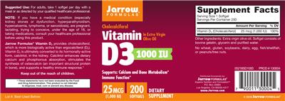 Photo of the Jarrow Formulas Vitamin D3 25 mcg (1000 IU) label