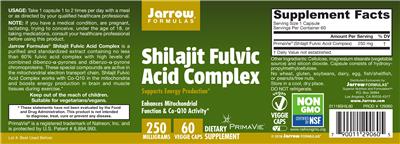 Photo of the Jarrow Formulas Shilajit Fulvic Acid Complex 250 mg label