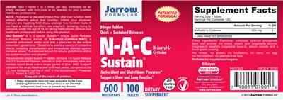 Photo of the Jarrow Formulas N-A-C Sustain 600 mg label