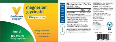 Photo of the The Vitamin Shoppe Magnesium Glycinate 400 mg label
