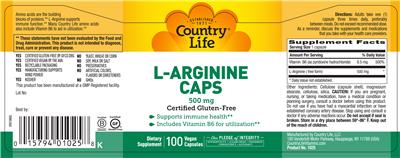 Photo of the Country Life L-Arginine Caps 500 mg label