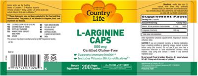 Photo of the Country Life L-Arginine Caps 500 mg label