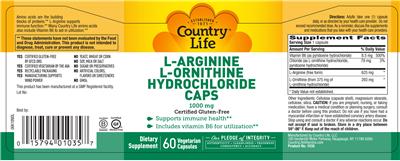 Photo of the Country Life L-Arginine L-Ornithine Hydrochloride Caps label