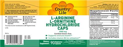 Photo of the Country Life L-Arginine L-Ornithine Hydrochloride Caps label
