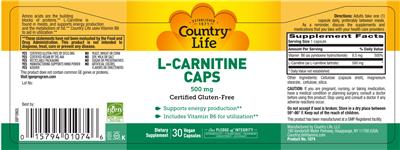 Photo of the Country Life L-Carnitine Caps 500 mg label