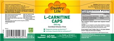 Photo of the Country Life L-Carnitine Caps 500 mg label