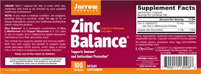 Photo of the Jarrow Formulas Zinc Balance label