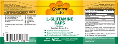 Photo of the Country Life L-Glutamine Caps 500 mg label