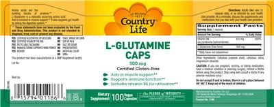 Photo of the Country Life L-Glutamine Caps 500 mg label