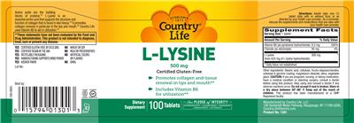 Photo of the Country Life L-Lysine 500 mg label