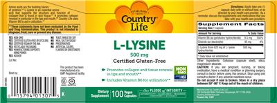 Photo of the Country Life L-Lysine 500 mg label