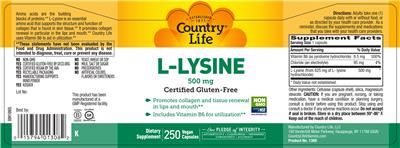 Photo of the Country Life L-Lysine 500 mg label