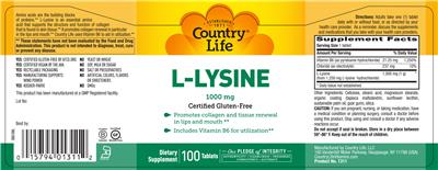 Photo of the Country Life L-Lysine 1000 mg label