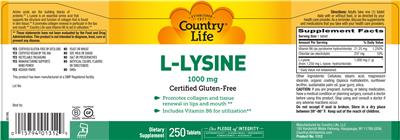Photo of the Country Life L-Lysine 1000 mg label