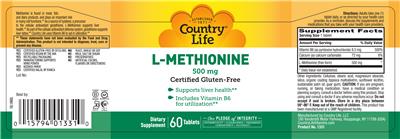Photo of the Country Life L-Methionine 500 mg label