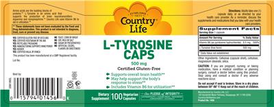 Photo of the Country Life L-Tyrosine Caps 500 mg label
