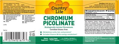 Photo of the Country Life Chromium Picolinate label