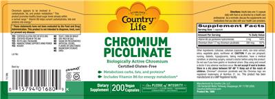 Photo of the Country Life Chromium Picolinate label