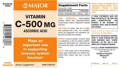 Photo of the Major Vitamin C-500 mg label