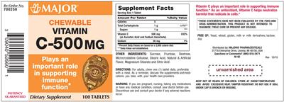 Photo of the Major Chewable Vitamin C-500 mg label