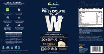 Photo of the Biochem W 100% Whey Isolate Protein Natural Flavor label