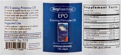 Photo of the Allergy Research Group EPO Evening Primrose Oil label