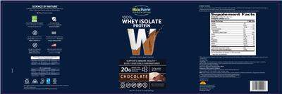 Photo of the Biochem W 100% Whey Isolate Protein Chocolate Flavor label