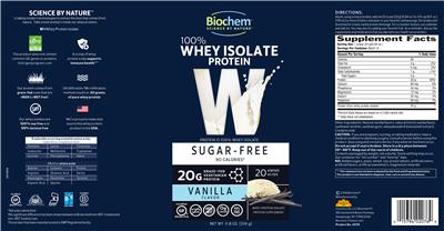 Photo of the Biochem W 100% Sugar-Free Whey Isolate Protein Vanilla Flavor label