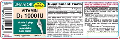 Photo of the Major Vitamin D3 1000 IU label