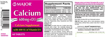 Photo of the Major Calcium 600 mg + D3 400 IU label