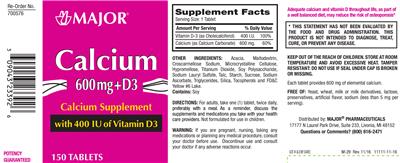 Photo of the Major Calcium 600 mg + D3 400 IU label