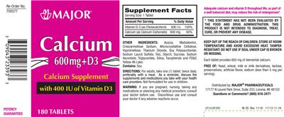 Photo of the Major Calcium 600 mg + D3 400 IU label