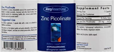 Photo of the Allergy Research Group Zinc Picolinate label