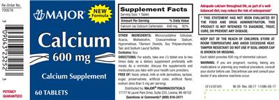 Photo of the Major Calcium 600 mg label