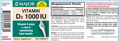 Photo of the Major Vitamin D3 1000 IU label
