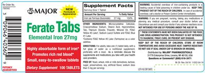 Photo of the Major Ferate Tabs Elemental Iron 27 mg label