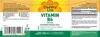 Photo of the Country Life Vitamin B6 100 mg label
