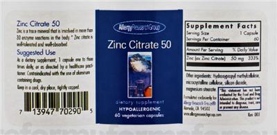 Photo of the Allergy Research Group Zinc Citrate 50 label