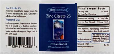 Photo of the Allergy Research Group Zinc Citrate 25 label