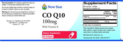 Photo of the New Sun Co Q10 100 mg with Vitamin E label